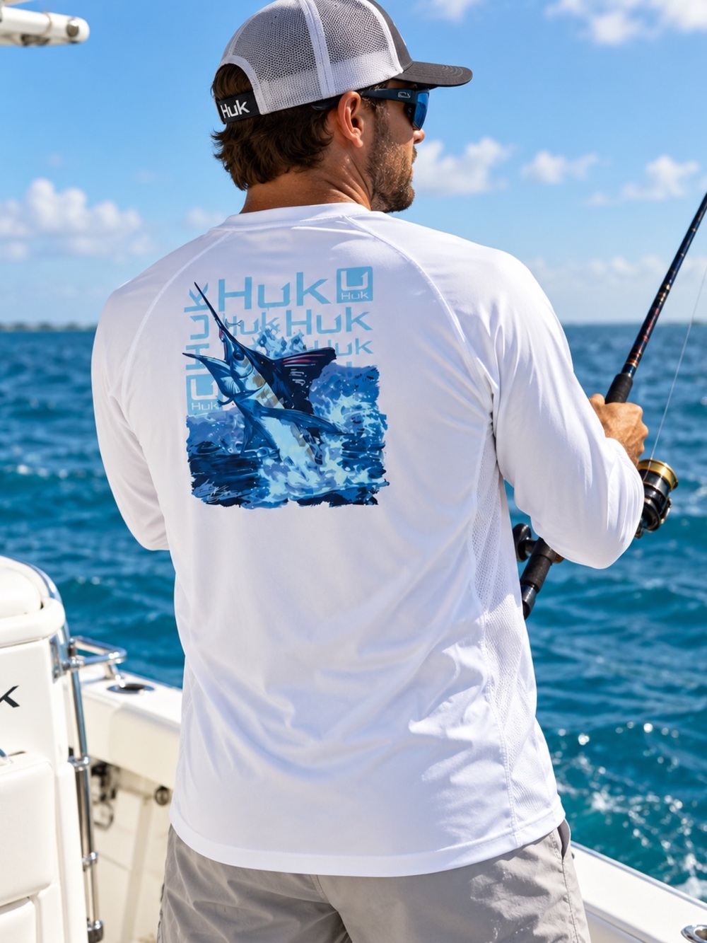 HUK Men’s Large White Long Sleeve Performance Fishing Shirt Sailfish Graphic